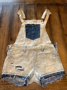 True Religion Two-Tone White Beige and Dark Blue Denim Short Overalls